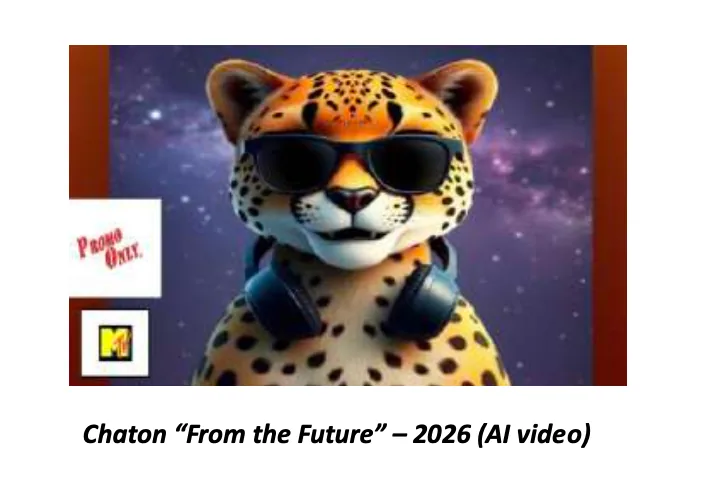 Still from Chaton's video From the Future — a 3D-rendered cartoon cheetah wearing black sunglasses and headphones against a purple starfield.