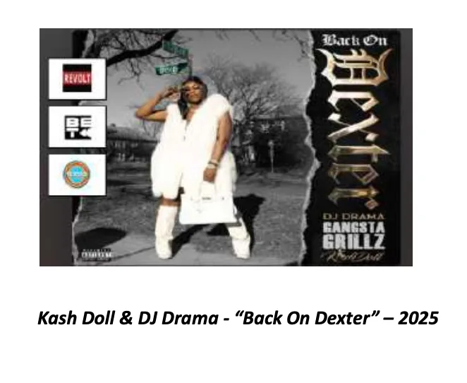 Still from Back On Dexter — Kash Doll in an all-white fur-trimmed outfit on a bare winter street beneath green street signs.