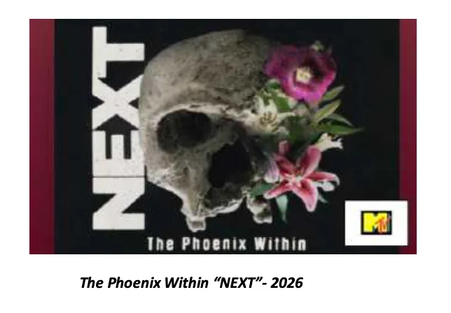 Artwork for NEXT — a human skull on black with pink and white lilies sprouting from one side.