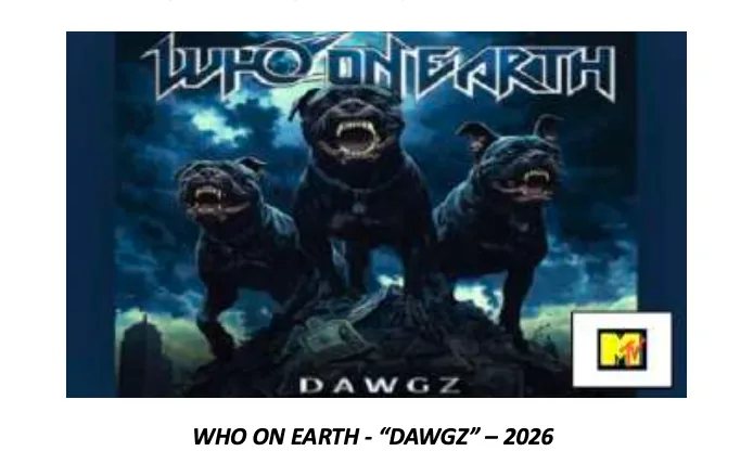 Artwork for DAWGZ — three snarling black pit bulls on a rocky mound under a stormy blue sky.